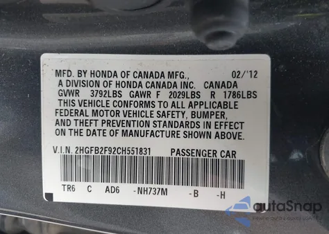 2012 Honda Civic Ex-L from USA, damaged, VIN 2HGFB2F92CH551831